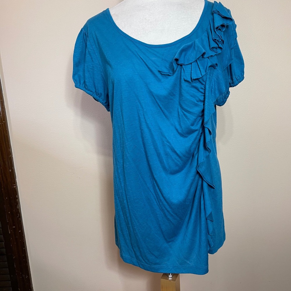 Lane Bryant Women Teal Blue Ruffle Front Slub Knit Short Puff Sleeve Top 14/16